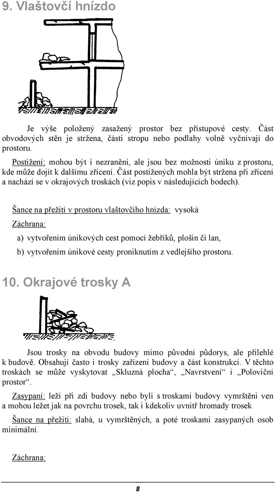 Část postižených mohla být stržena při zřícení a nachází se v okrajových troskách (viz popis v následujících bodech).