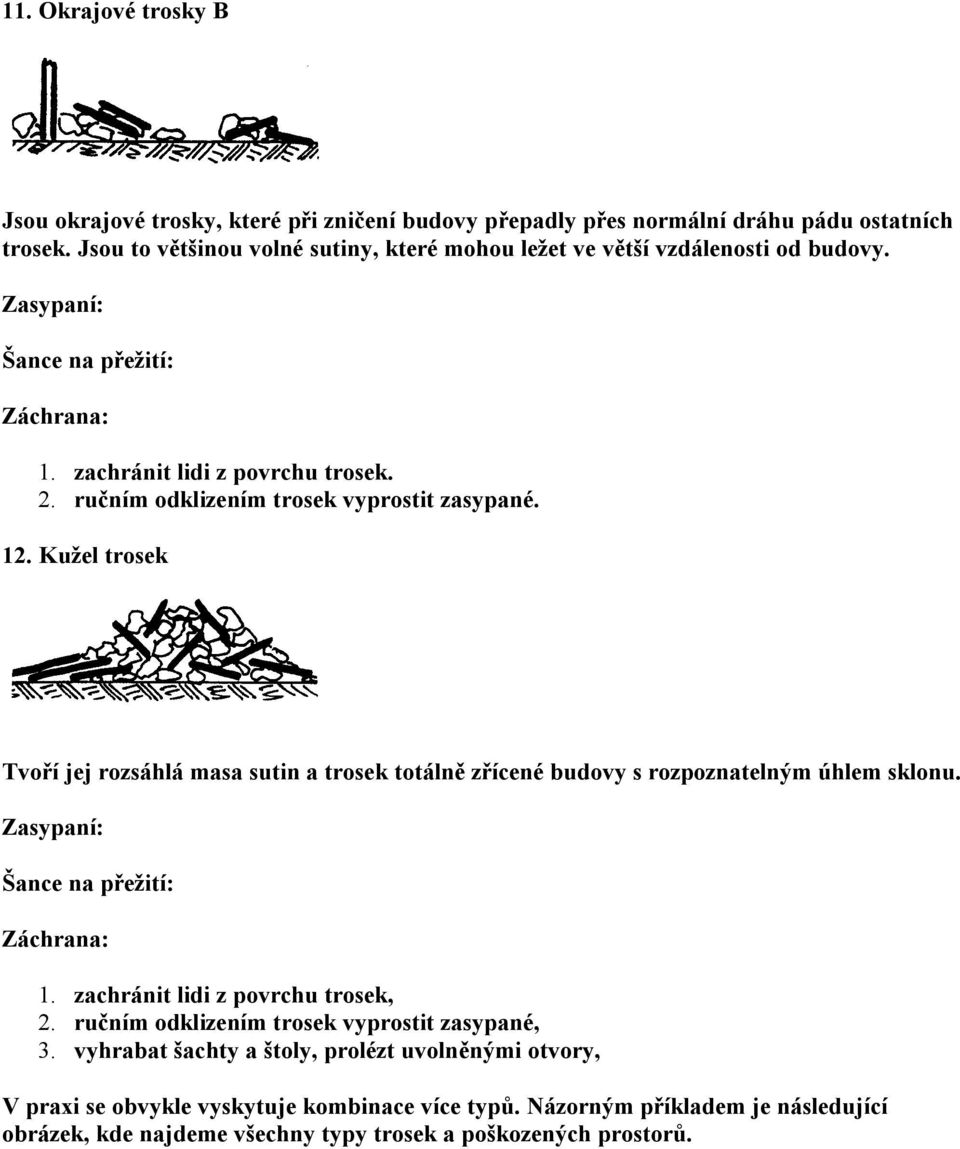 Kužel trosek Tvoří jej rozsáhlá masa sutin a trosek totálně zřícené budovy s rozpoznatelným úhlem sklonu. 1. zachránit lidi z povrchu trosek, 2.