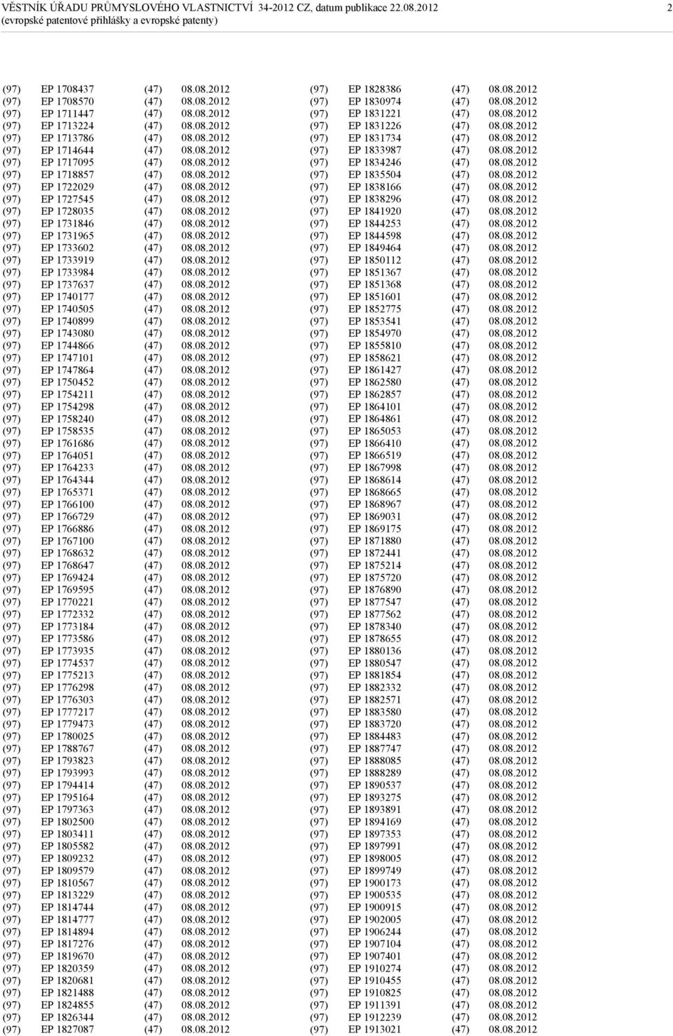 1764233 EP 1764344 EP 1765371 EP 1766100 EP 1766729 EP 1766886 EP 1767100 EP 1768632 EP 1768647 EP 1769424 EP 1769595 EP 1770221 EP 1772332 EP 1773184 EP 1773586 EP 1773935 EP 1774537 EP 1775213 EP