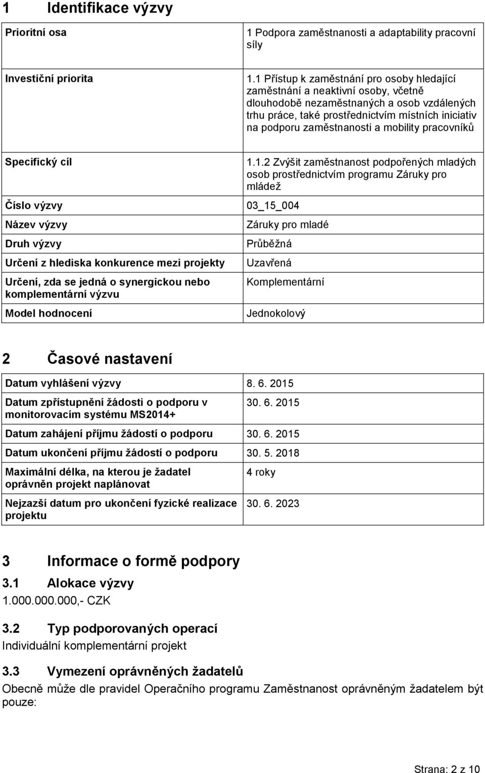 zaměstnanosti a mobility pracovníků Specifický cíl Číslo výzvy Název výzvy Druh výzvy Určení z hlediska konkurence mezi projekty Určení, zda se jedná o synergickou nebo komplementární výzvu Model