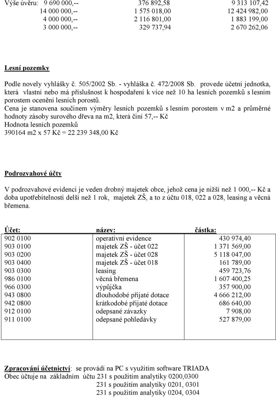 Cena je stanovena součinem výměry lesních pozemků s lesním porostem v m2 a průměrné hodnoty zásoby surového dřeva na m2, která činí 57,-- Kč Hodnota lesních pozemků 390164 m2 x 57 Kč = 22 239 348,00