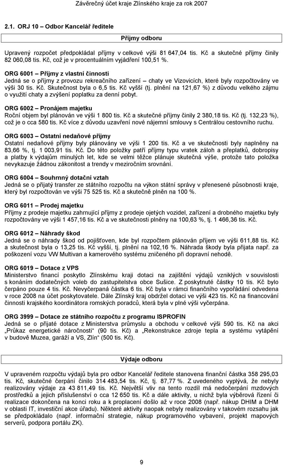 ORG 6001 Příjmy z vlastní činnosti Jedná se o příjmy z provozu rekreačního zařízení chaty ve Vizovicích, které byly rozpočtovány ve výši 30 tis. Kč. Skutečnost byla o 6,5 tis. Kč vyšší (tj.