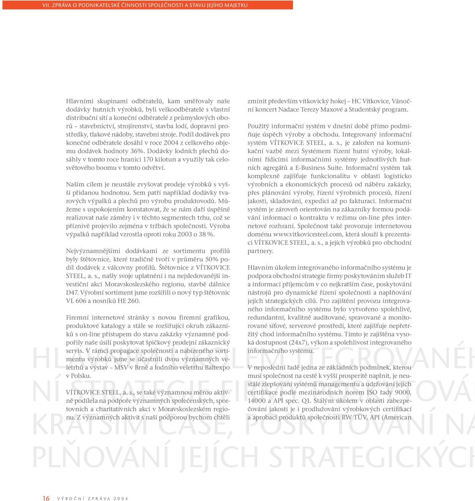 Podíl dodávek pro konečné odběratele dosáhl v roce 2004 z celkového objemu dodávek hodnoty 36%.