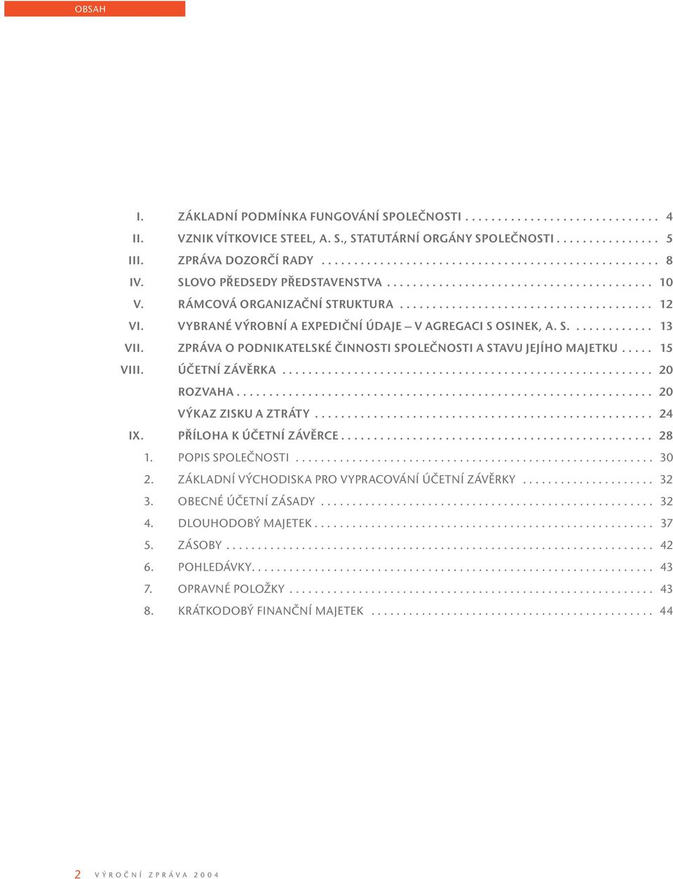 VYBRANÉ VÝROBNÍ A EXPEDIČNÍ ÚDAJE V AGREGACI S OSINEK, A. S............. 13 VII. ZPRÁVA O PODNIKATELSKÉ ČINNOSTI SPOLEČNOSTI A STAVU JEJÍHO MAJETKU..... 15 VIII. ÚČETNÍ ZÁVĚRKA......................................................... 20 ROZVAHA.