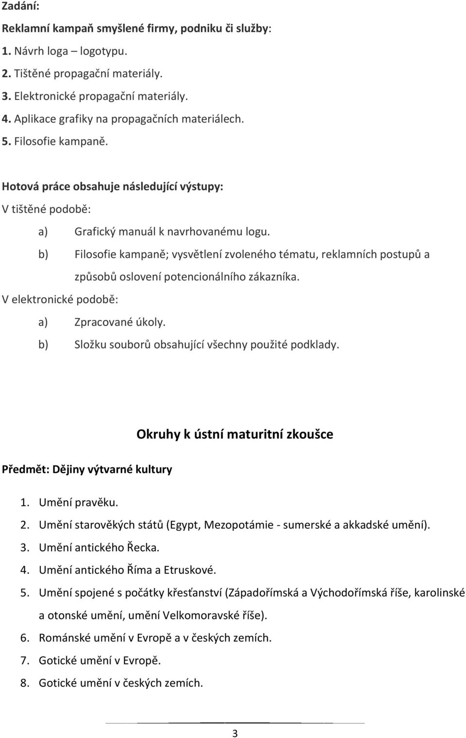 b) Filosofie kampaně; vysvětlení zvoleného tématu, reklamních postupů a způsobů oslovení potencionálního zákazníka. V elektronické podobě: a) Zpracované úkoly.