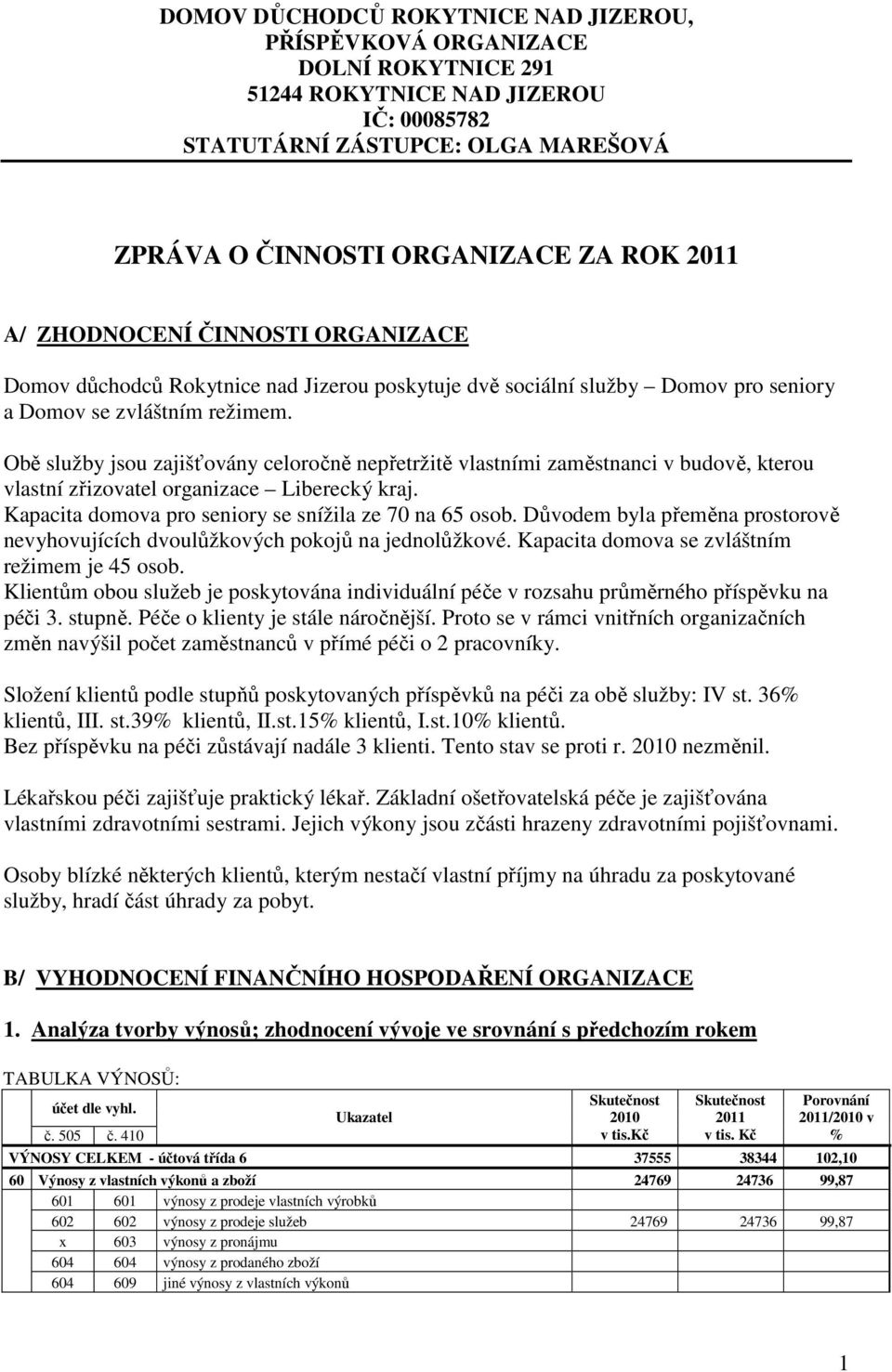 Obě služby jsou zajišťovány celoročně nepřetržitě vlastními zaměstnanci v budově, kterou vlastní zřizovatel organizace Liberecký kraj. Kapacita domova pro seniory se snížila ze 70 na 65 osob.