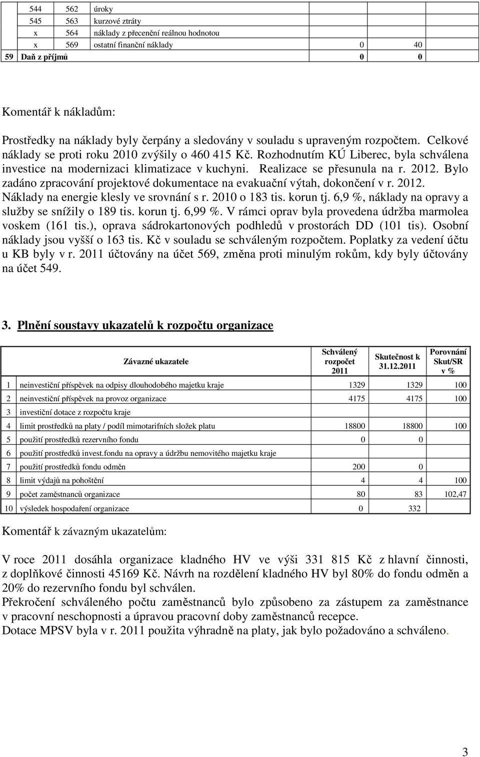 Realizace se přesunula na r. 2012. Bylo zadáno zpracování projektové dokumentace na evakuační výtah, dokončení v r. 2012. Náklady na energie klesly ve srovnání s r. 2010 o 183 tis. korun tj.