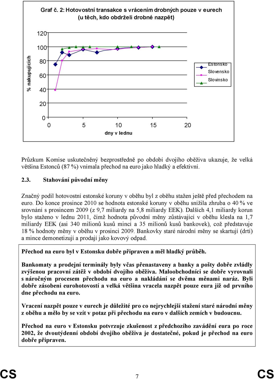 Komise uskutečněný bezprostředně po období dvojího oběživa ukazuje, že velká většina Estonců (87 %) vnímala přechod na euro jako hladký a efektivní. 2.3.