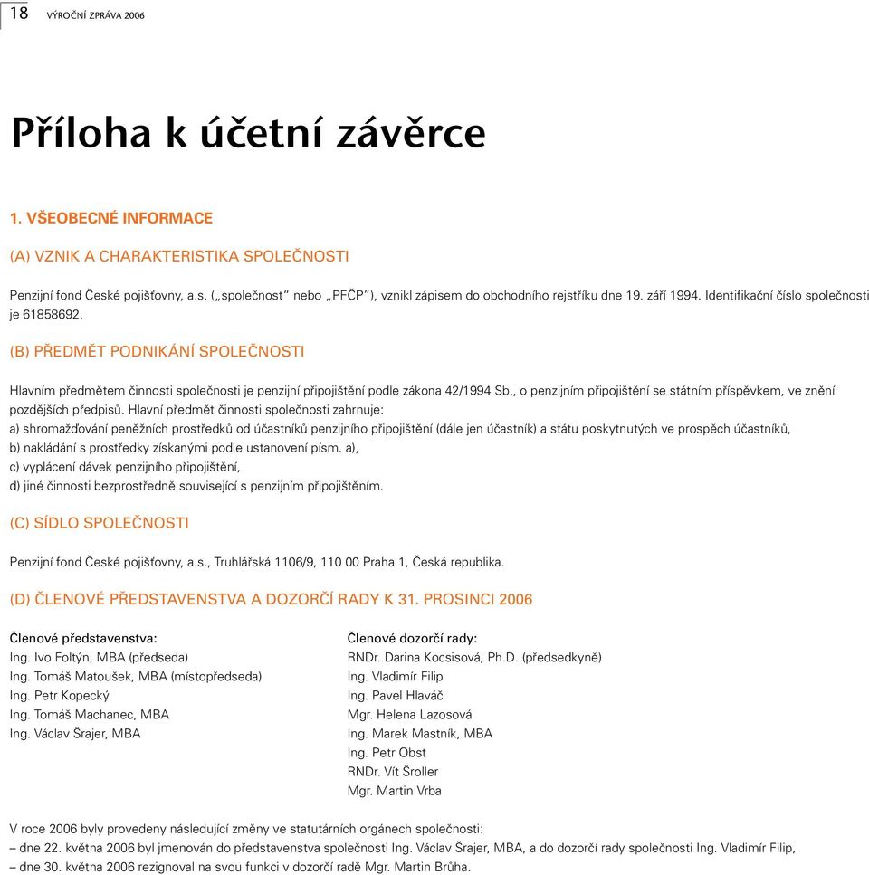 (B) P EDMùT PODNIKÁNÍ SPOLEâNOSTI Hlavním pfiedmûtem ãinnosti spoleãnosti je penzijní pfiipoji tûní podle zákona 42/1994 Sb.