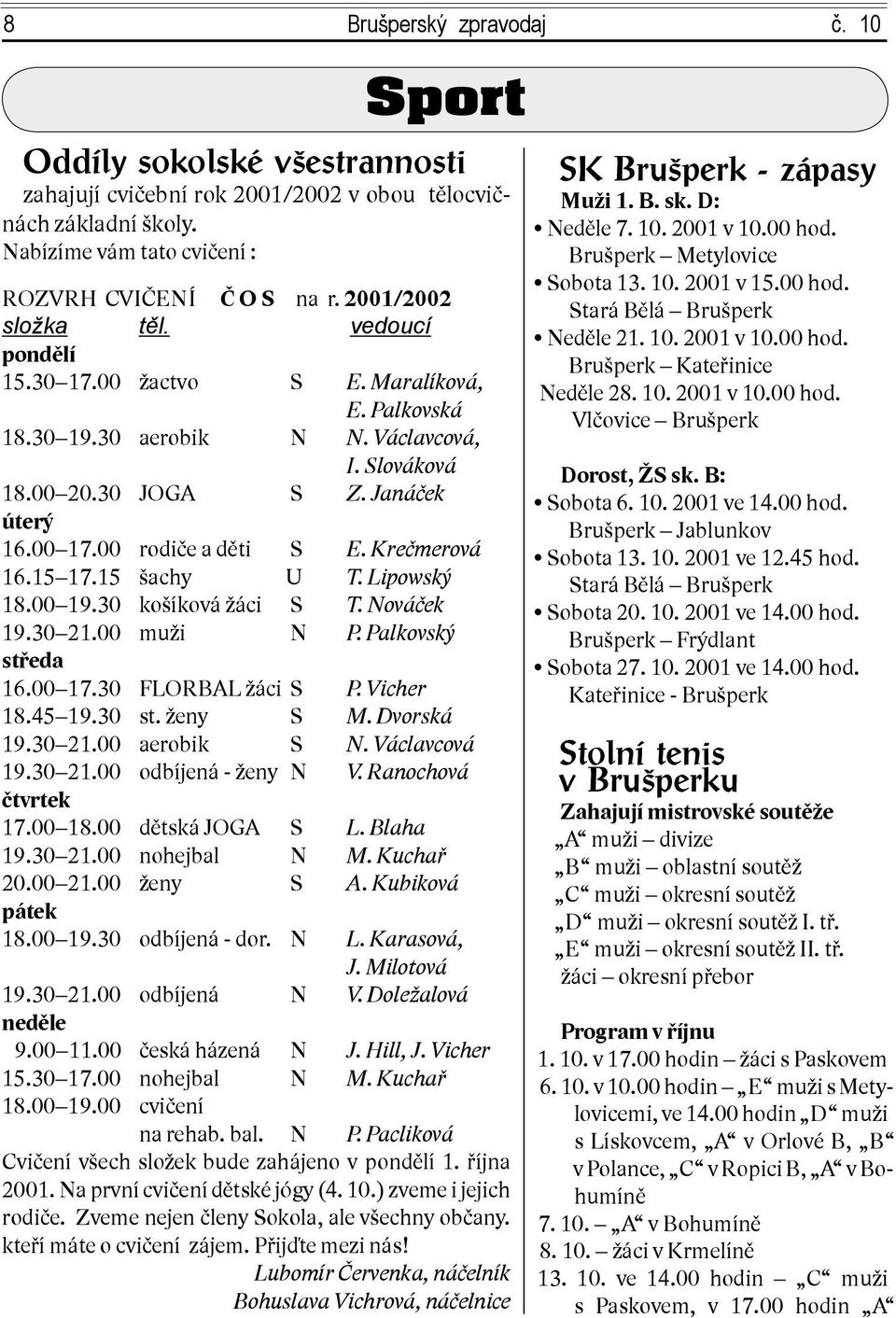 00 rodiče a děti S E. Krečmerová 16.15 17.15 šachy U T. Lipowský 18.00 19.30 košíková žáci S T. Nováček 19.30 21.00 muži N P. Palkovský středa 16.00 17.30 FLORBAL žáci S P. Vicher 18.45 19.30 st.