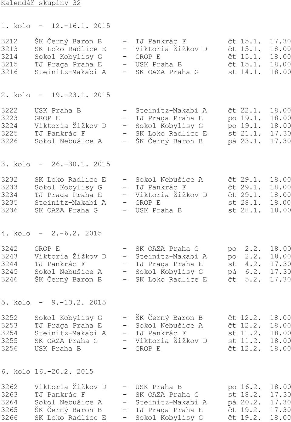 1. 18.00 3225 TJ Pankrác F - SK Loko Radlice E st 21.1. 17.30 3226 Sokol Nebušice A - ŠK Černý Baron B pá 23.1. 17.30 3. kolo - 26.-30.1. 2015 3232 SK Loko Radlice E - Sokol Nebušice A čt 29.1. 18.00 3233 Sokol Kobylisy G - TJ Pankrác F čt 29.