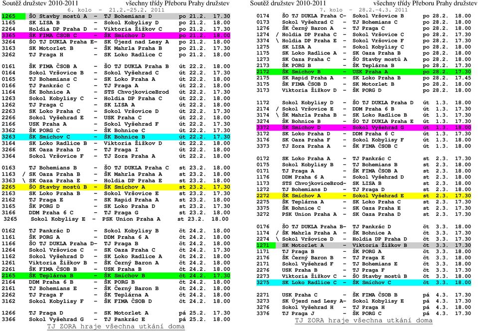 2. 18.00 0164 Sokol Vršovice B - Sokol Vyšehrad C út 22.2. 17.30 0165 TJ Bohemians C - SK Loko Praha A út 22.2. 18.00 0166 TJ Pankrác C - TJ Praga A út 22.2. 18.00 1164 ŠK Bohnice A - STS ChvojkoviceBrod út 22.