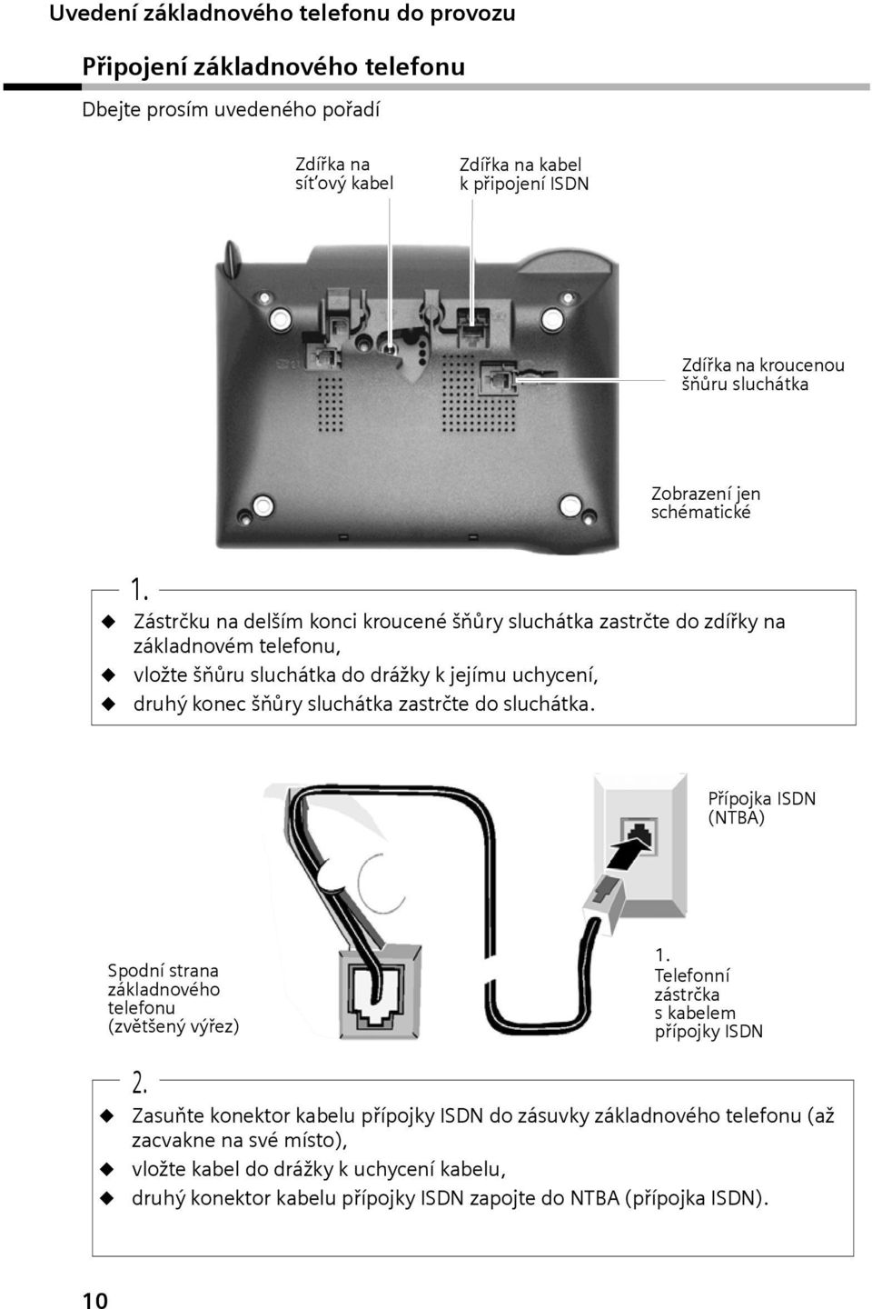 Zástrčku na delším konc kroucené šňůry sluchátka zastrčte do zdířky na základnovém telefonu, vložte šňůru sluchátka do drážky k jejímu uchycení, druhý konec šňůry sluchátka zastrčte do