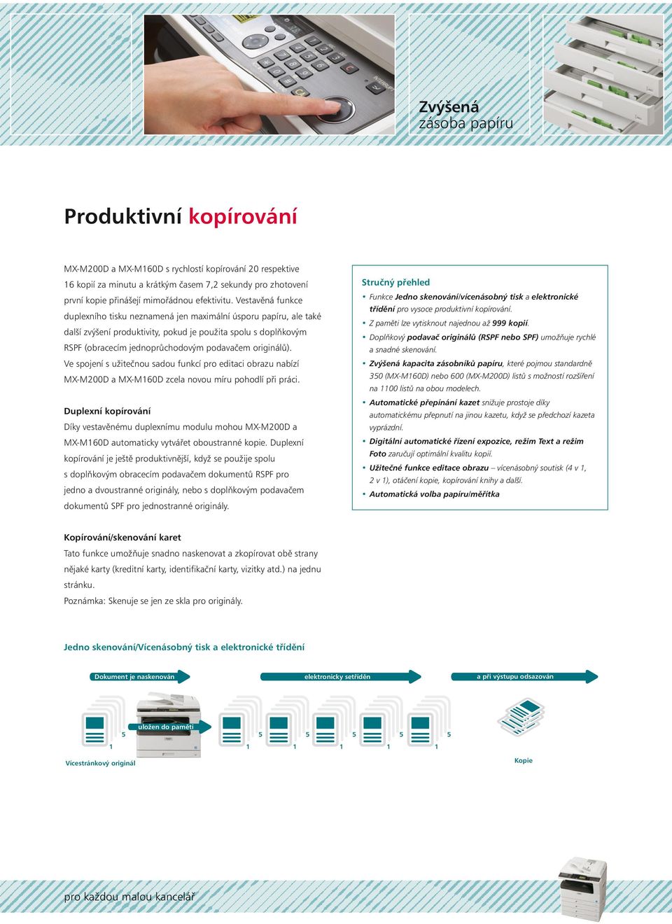 Vestavěná funkce duplexního tisku neznamená jen maximální úsporu papíru, ale také další zvýšení produktivity, pokud je použita spolu s doplňkovým RSPF (obracecím jednoprůchodovým podavačem originálů).