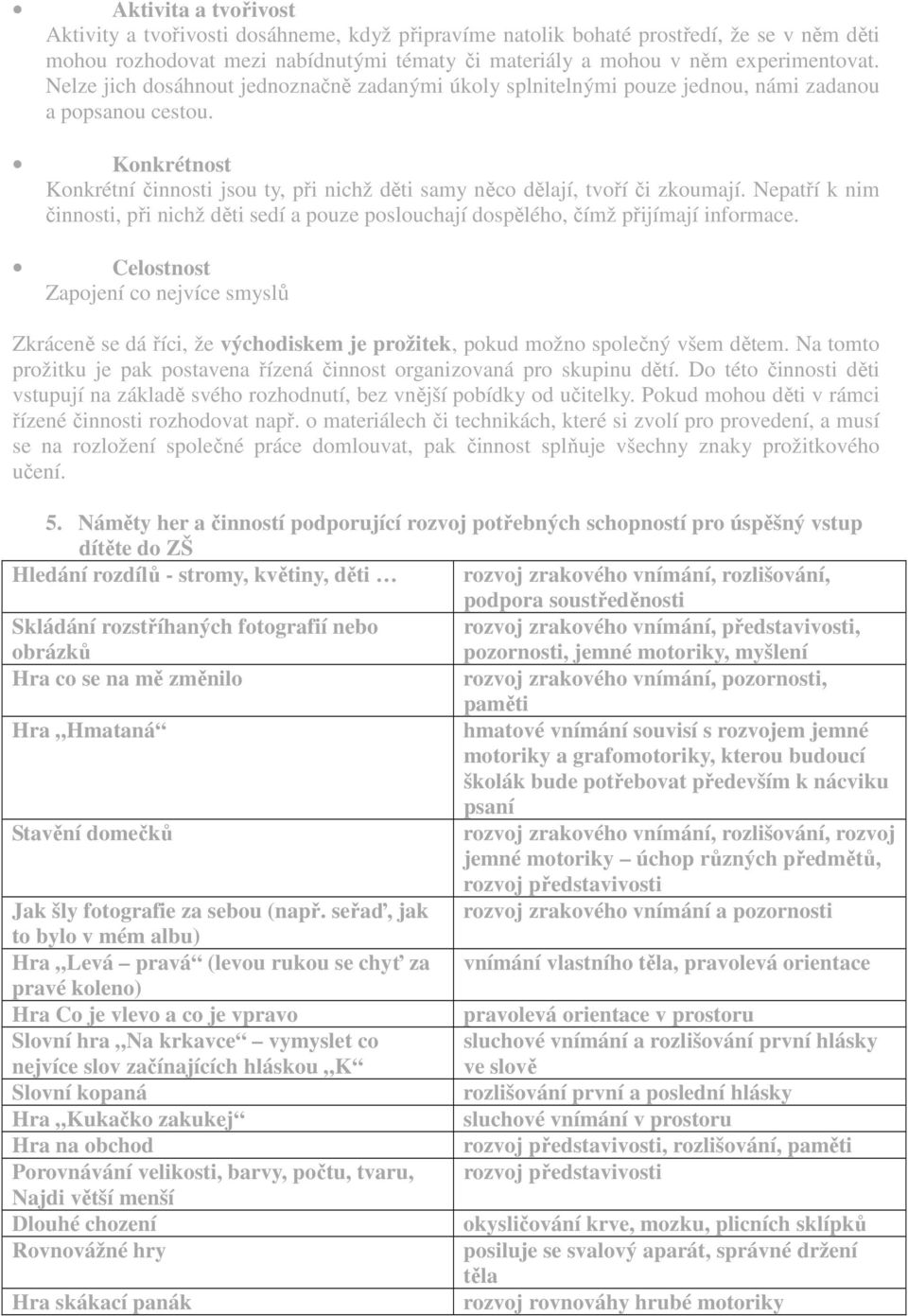 Nepatří k nim činnosti, při nichž děti sedí a pouze poslouchají dospělého, čímž přijímají informace.