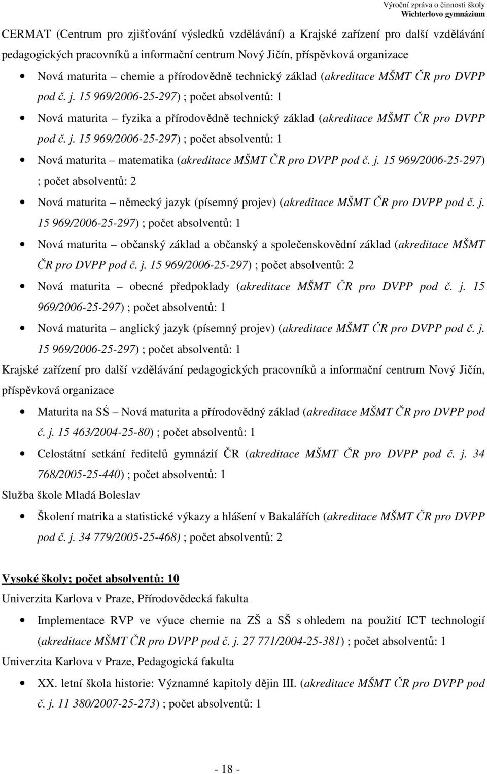 j. 15 969/2006-25-297) ; počet absolventů: 1 Nová maturita matematika (akreditace MŠMT ČR pro DVPP pod č. j.