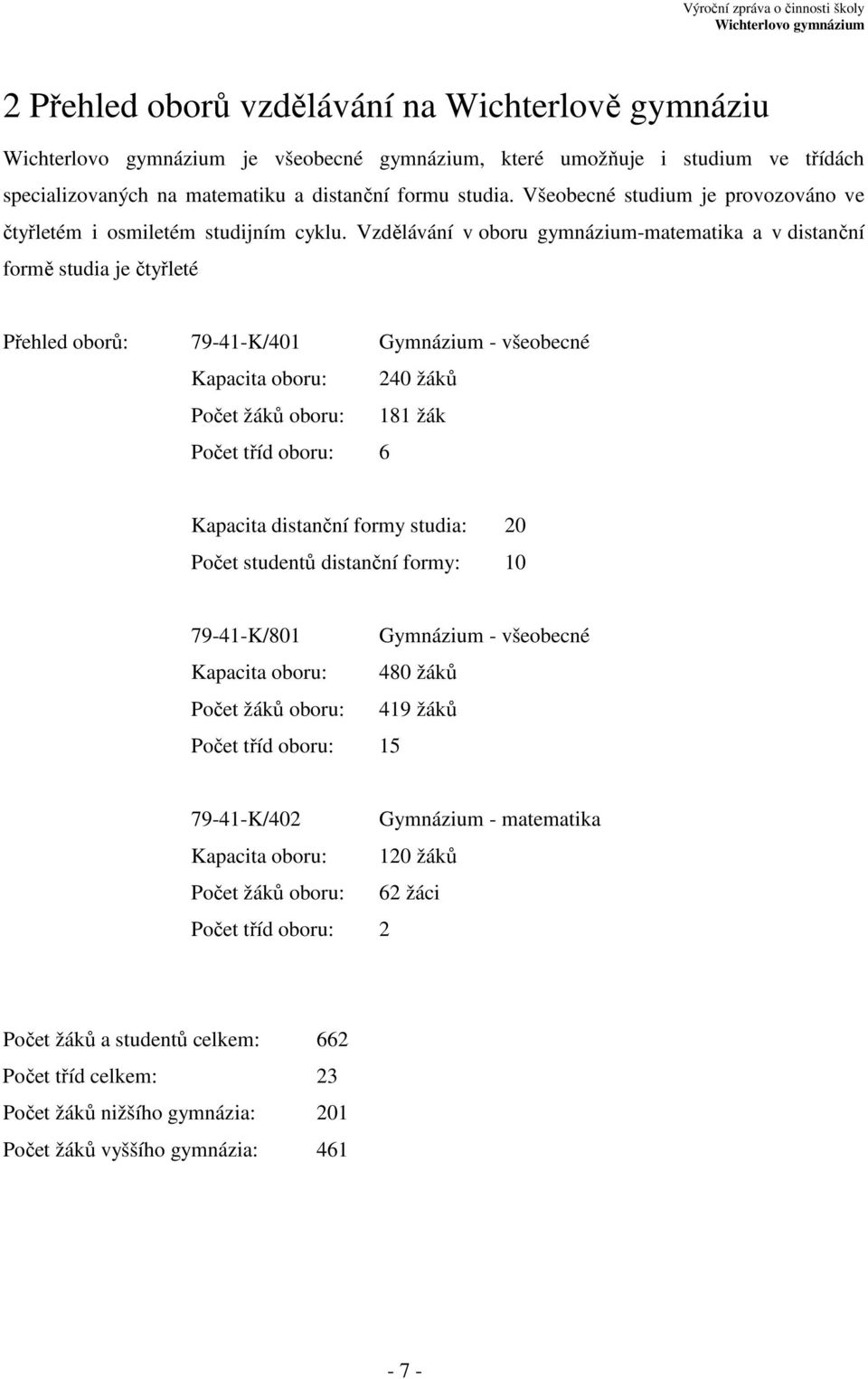 Vzdělávání v oboru gymnázium-matematika a v distanční formě studia je čtyřleté Přehled oborů: 79-41-K/401 Gymnázium - všeobecné Kapacita oboru: 240 žáků Počet žáků oboru: 181 žák Počet tříd oboru: 6