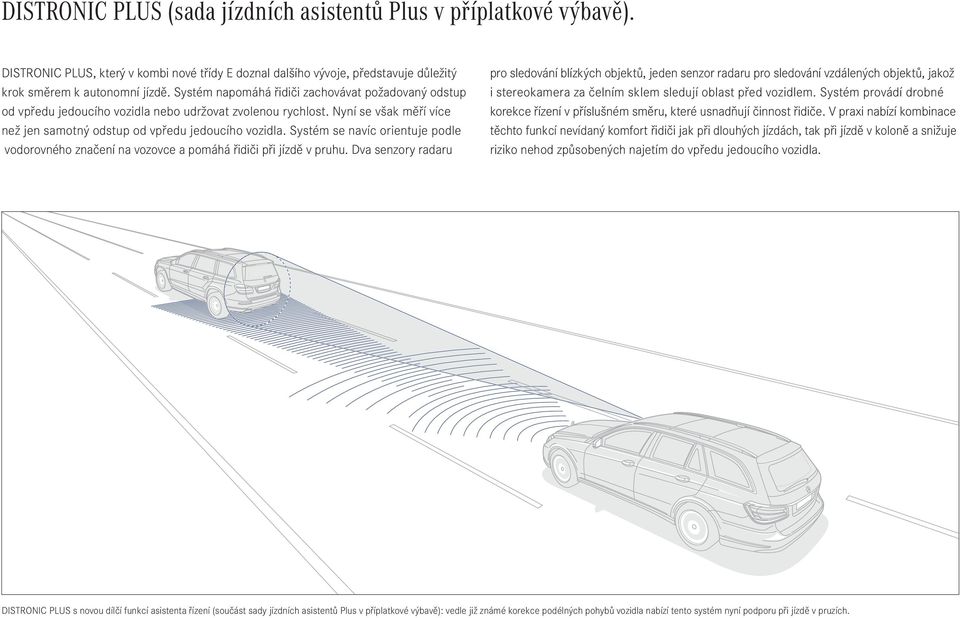 Systém se navíc orientuje podle vodorovného značení na vozovce a pomáhá řidiči při jízdě v pruhu.