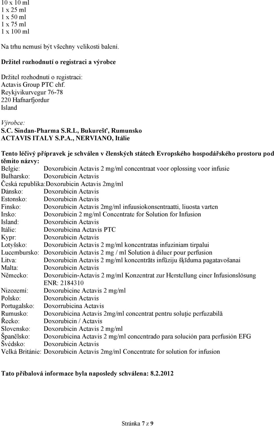 TAVIS ITALY S.P.A., NERVIANO, Itálie Tento léčivý přípravek je schválen v členských státech Evropského hospodářského prostoru pod těmito názvy: Belgie: Doxorubicin Actavis 2 mg/ml concentraat voor