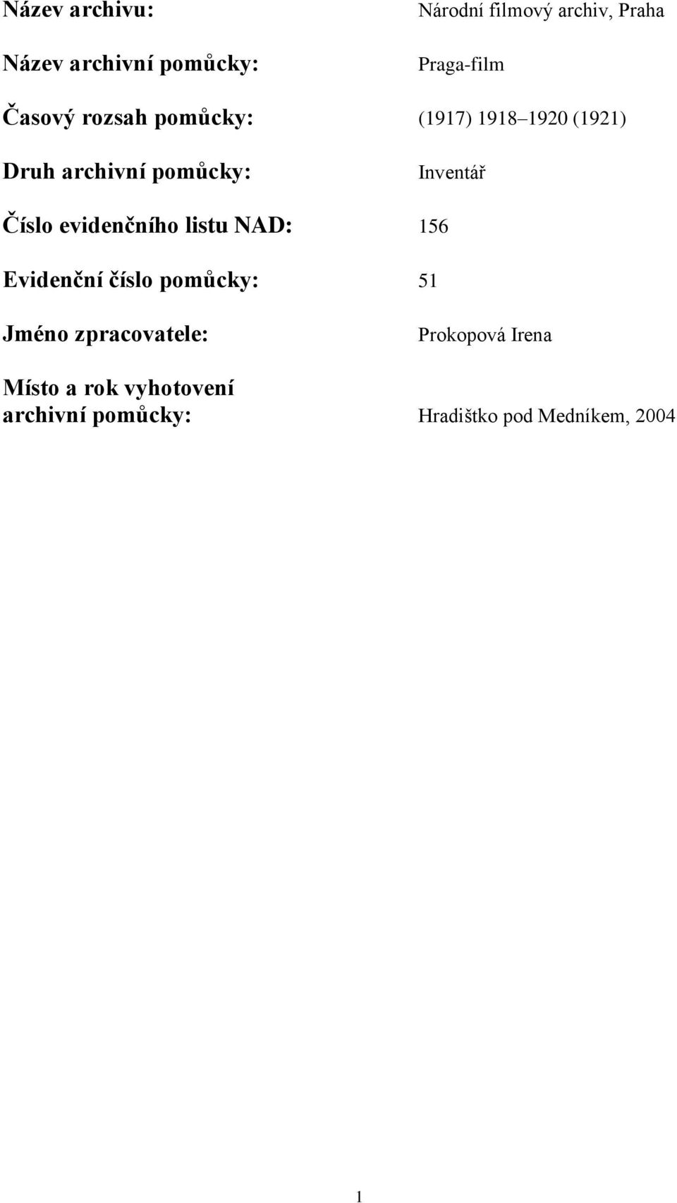 Číslo evidenčního listu NAD: 156 Evidenční číslo pomůcky: 51 Jméno zpracovatele: