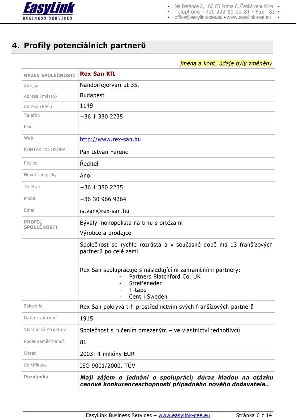hu Pan Istvan Ferenc Ředitel Ano Telefon +36 1 380 2235 Mobil +36 30 966 9264 Email PROFIL SPOLEČNOSTI istvan@rex-san.