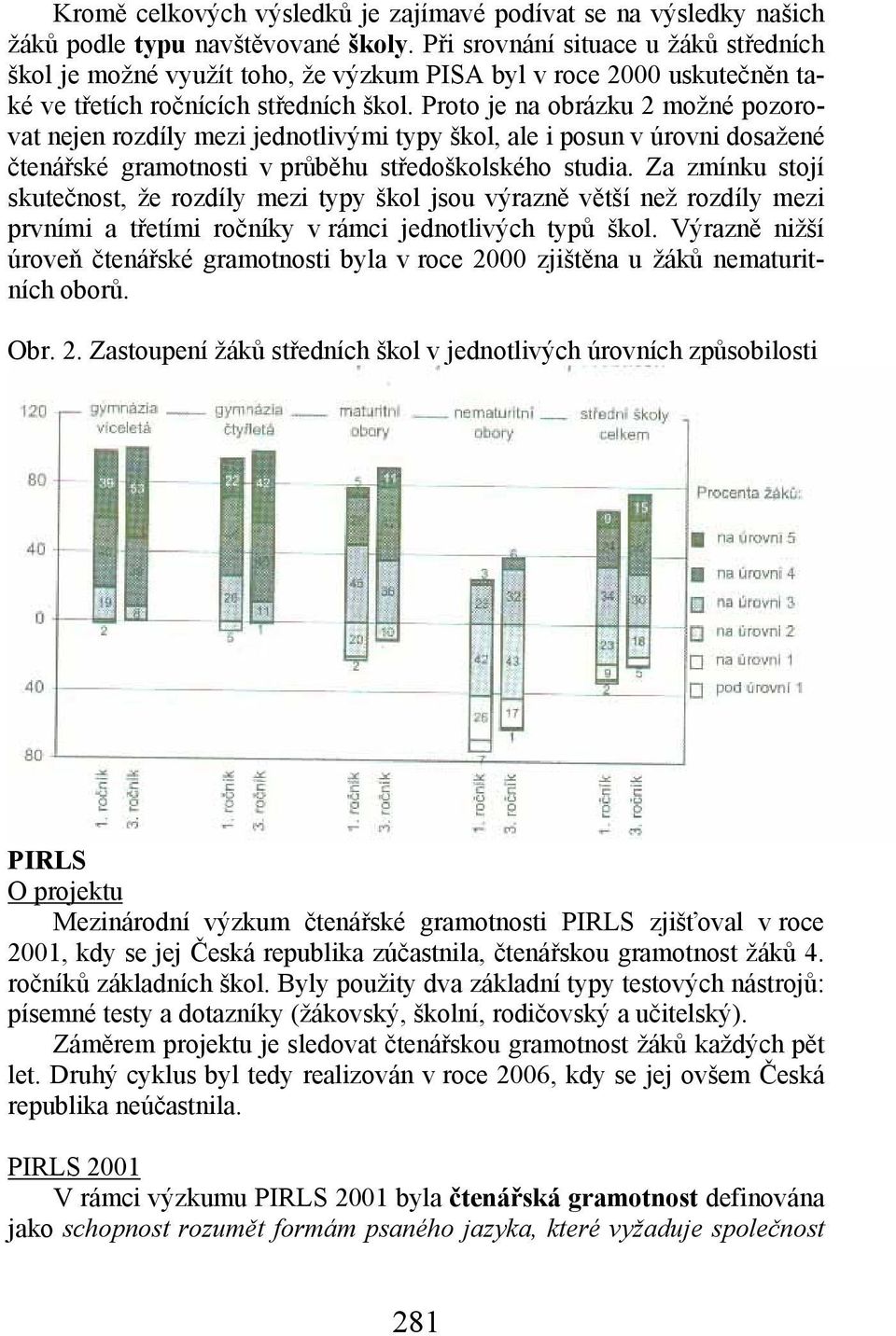 Proto je na obrázku 2 možné pozorovat nejen rozdíly mezi jednotlivými typy škol, ale i posun v úrovni dosažené čtenářské gramotnosti v průběhu středoškolského studia.