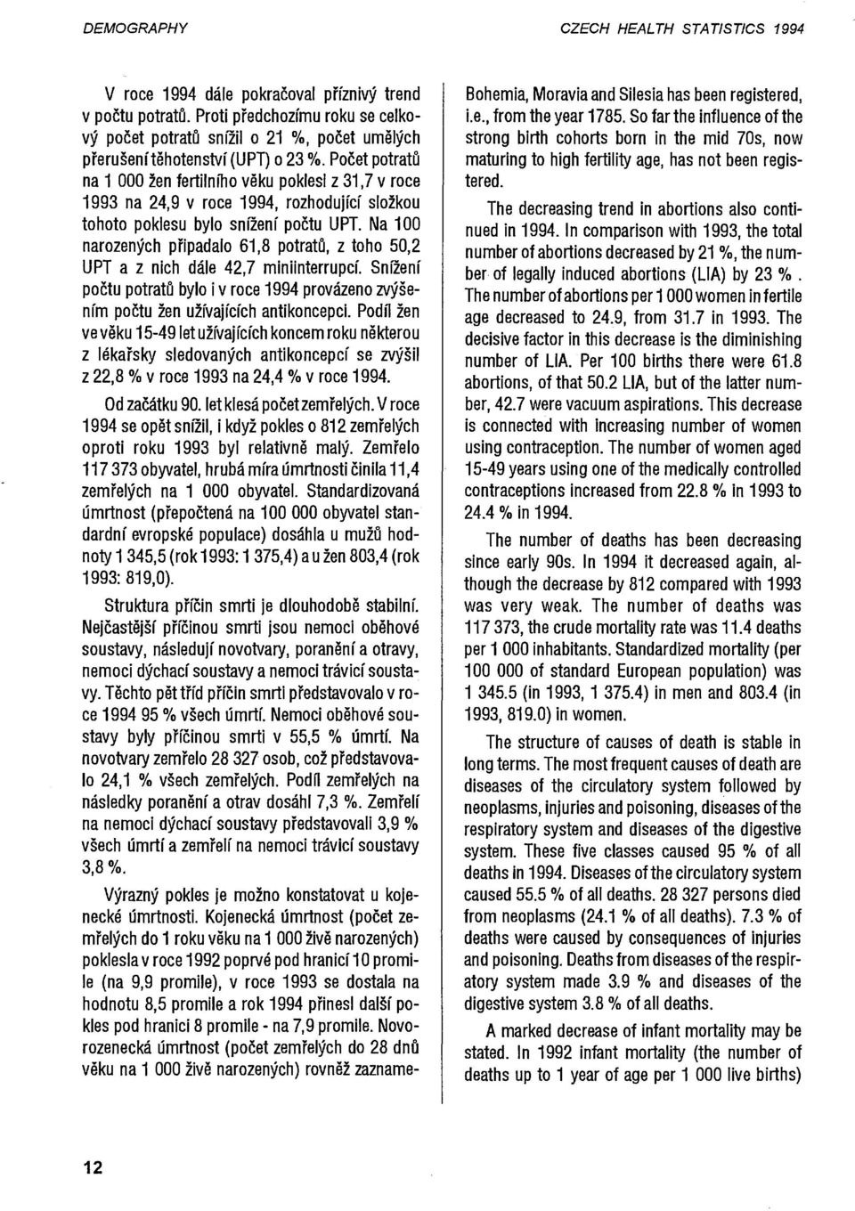Počet potratů na 1 000 žen fertilního věku poklesl z 31,7 v roce 1993 na 24,9 v roce 1994, rozhodující složkou tohoto poklesu bylo snížení počtu UPT.