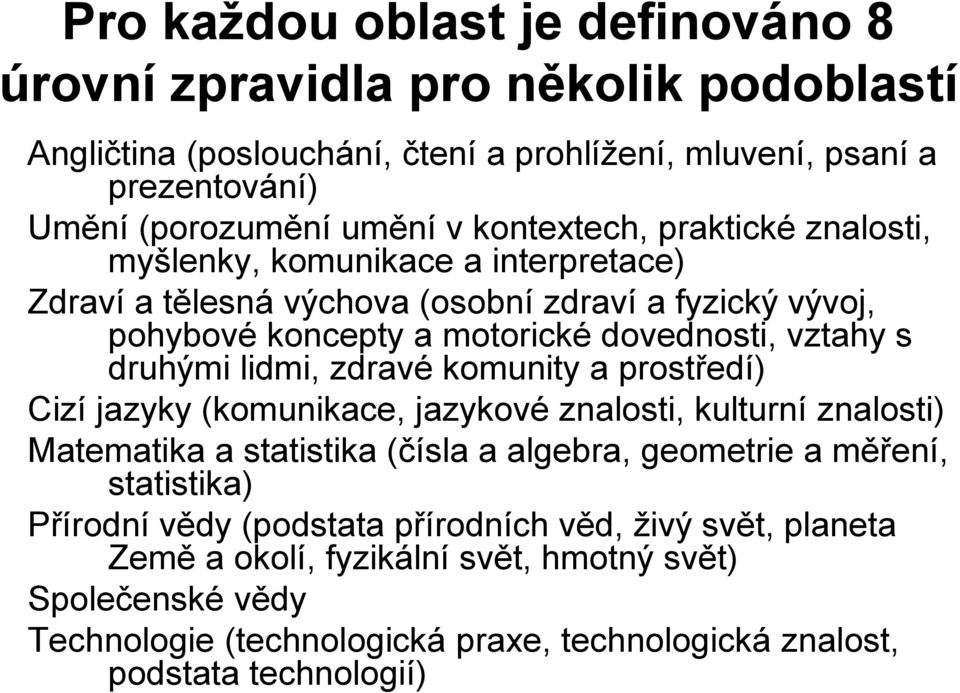 druhými lidmi, zdravé komunity a prostředí) Cizí jazyky (komunikace, jazykové znalosti, kulturní znalosti) Matematika a statistika (čísla a algebra, geometrie a měření, statistika)