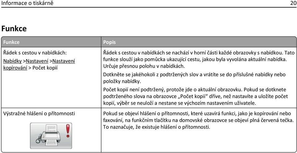 Dotkněte se jakéhokoli z podtržených slov a vrátíte se do příslušné nabídky nebo položky nabídky. Počet kopií není podtržený, protože jde o aktuální obrazovku.