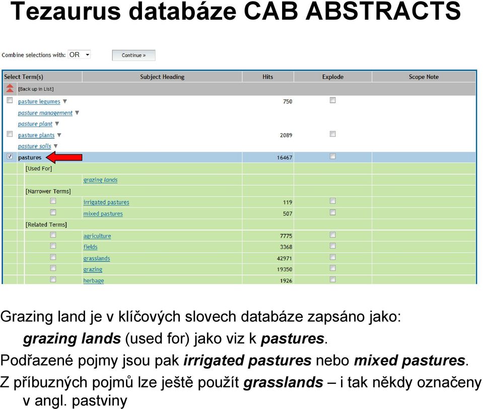 Podřazené pojmy jsou pak irrigated pastures nebo mixed pastures.