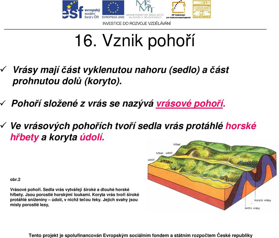 Ve vrásových pohořích tvoří sedla vrás protáhlé horské hřbety a koryta údolí. obr.2 Vrásové pohoří.