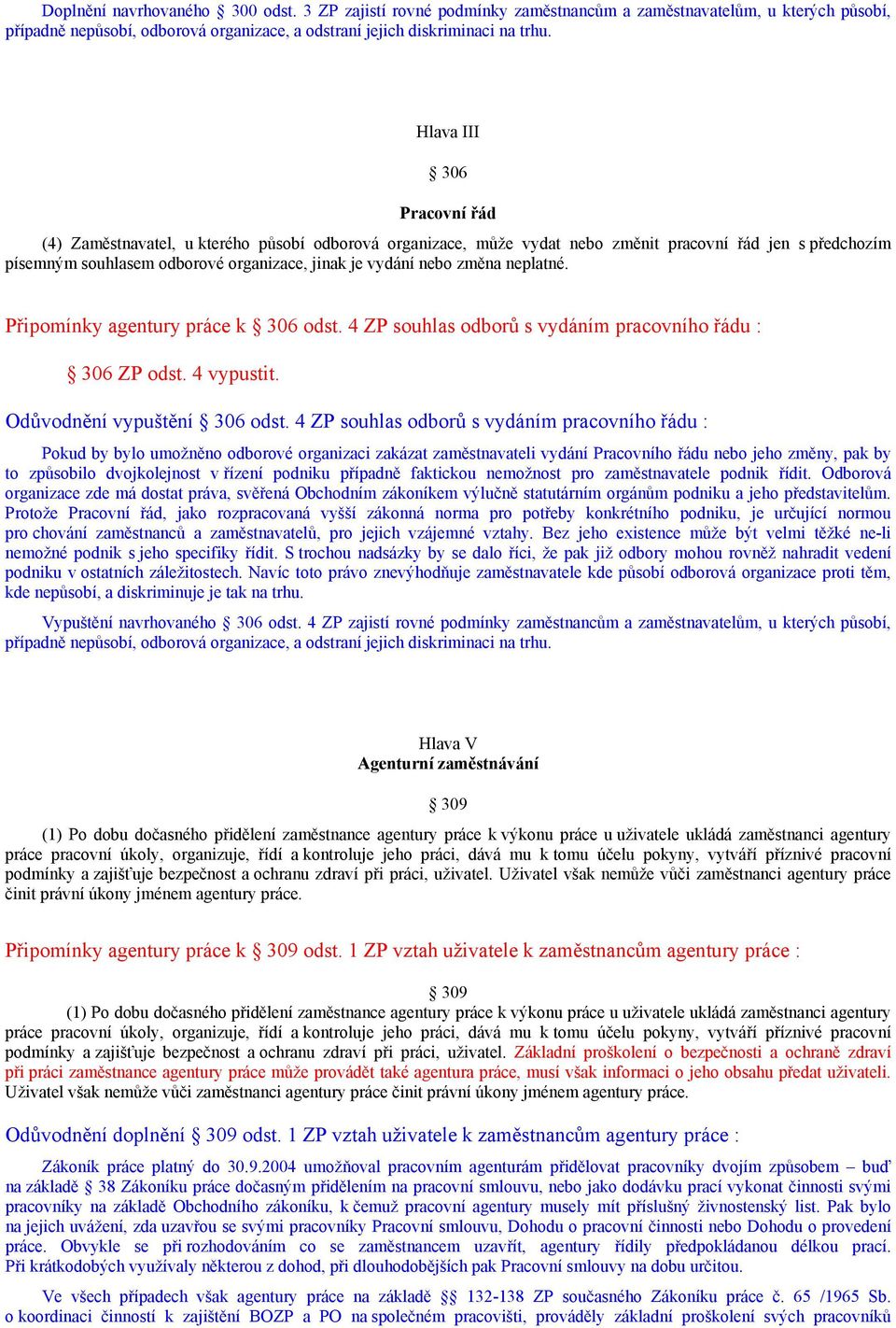 změna neplatné. Připomínky agentury práce k 306 odst. 4 ZP souhlas odborů s vydáním pracovního řádu : 306 ZP odst. 4 vypustit. Odůvodnění vypuštění 306 odst.