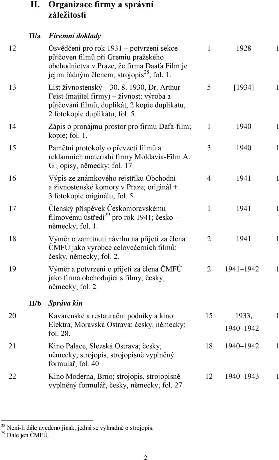 14 Zápis o pronájmu prostor pro firmu Dafa-film; kopie; fol. 1. 15 Pamětní protokoly o převzetí filmů a reklamních materiálů firmy Moldavia-Film A. G.; opisy, německy; fol. 17.