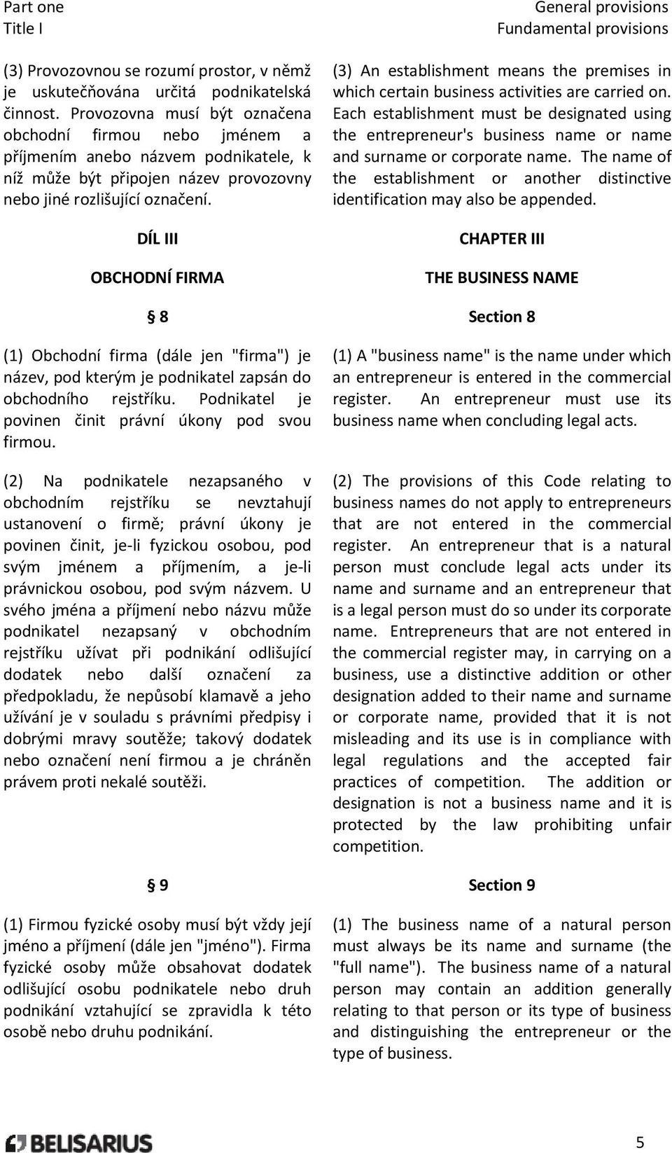 DÍL III OBCHODNÍ FIRMA General provisions Fundamental provisions (3) An establishment means the premises in which certain business activities are carried on.