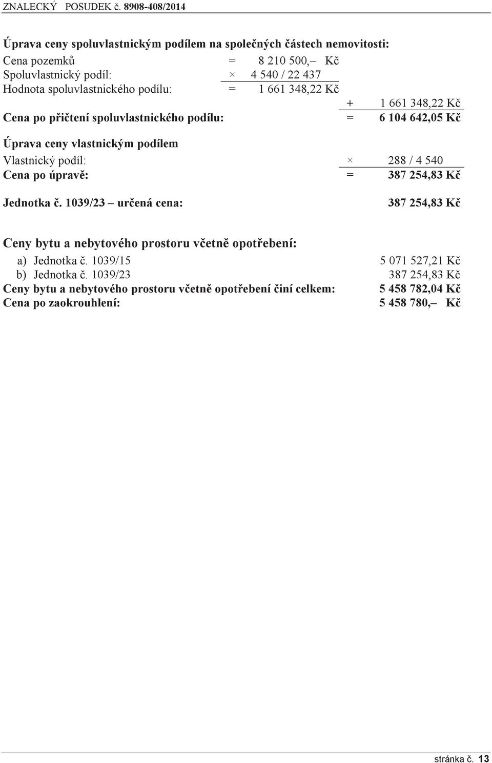 Cena po úpravě: = 387 254,83 Kč Jednotka č. 1039/23 určená cena: 387 254,83 Kč Ceny bytu a nebytového prostoru včetně opotřebení: a) Jednotka č.