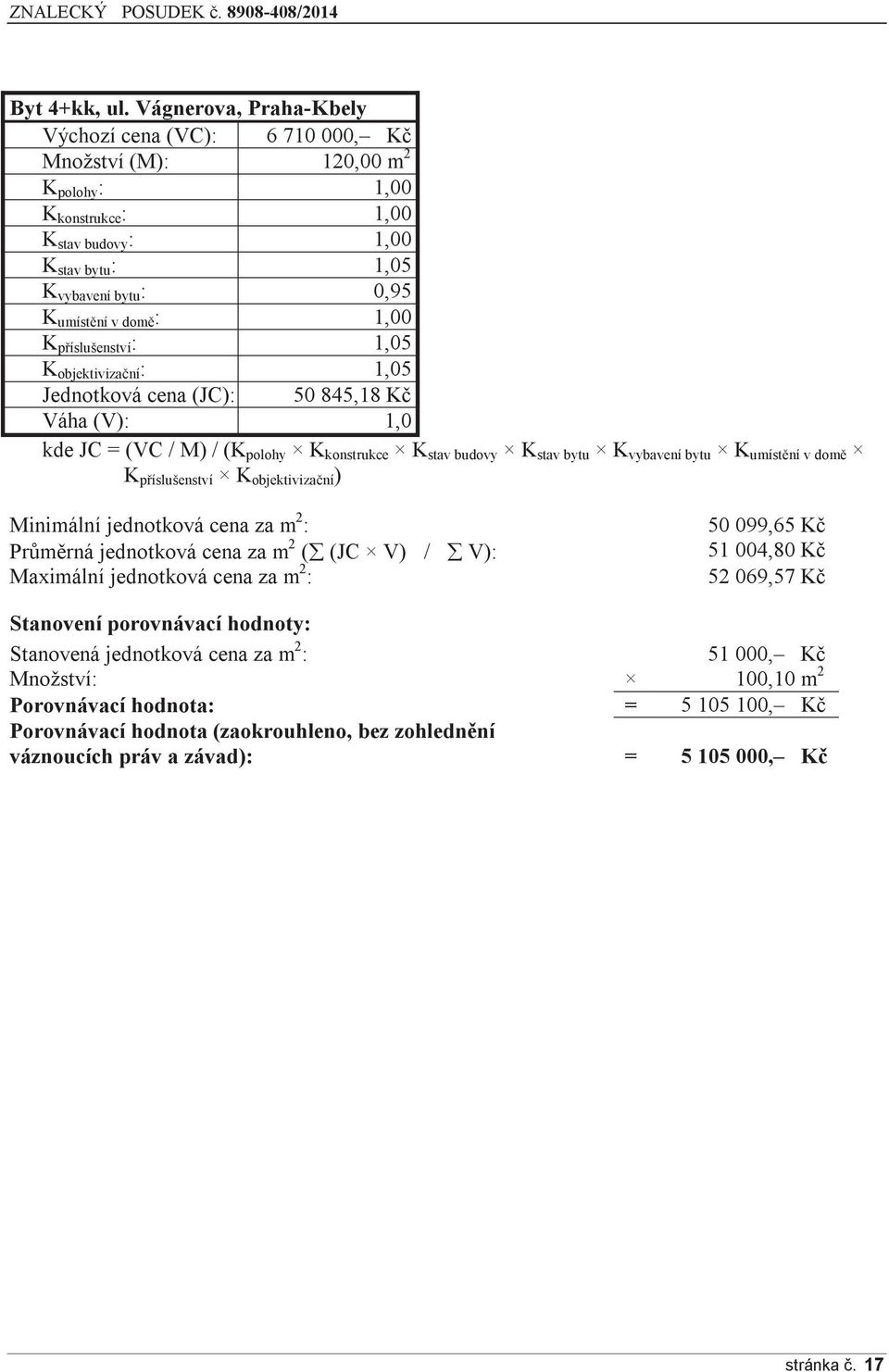 1,00 K příslušenství : 1,05 K objektivizační : 1,05 Jednotková cena (JC): 50 845,18 Kč Váha (V): 1,0 kde JC = (VC / M) / (K polohy K konstrukce K stav budovy K stav bytu K vybavení bytu K umístění v