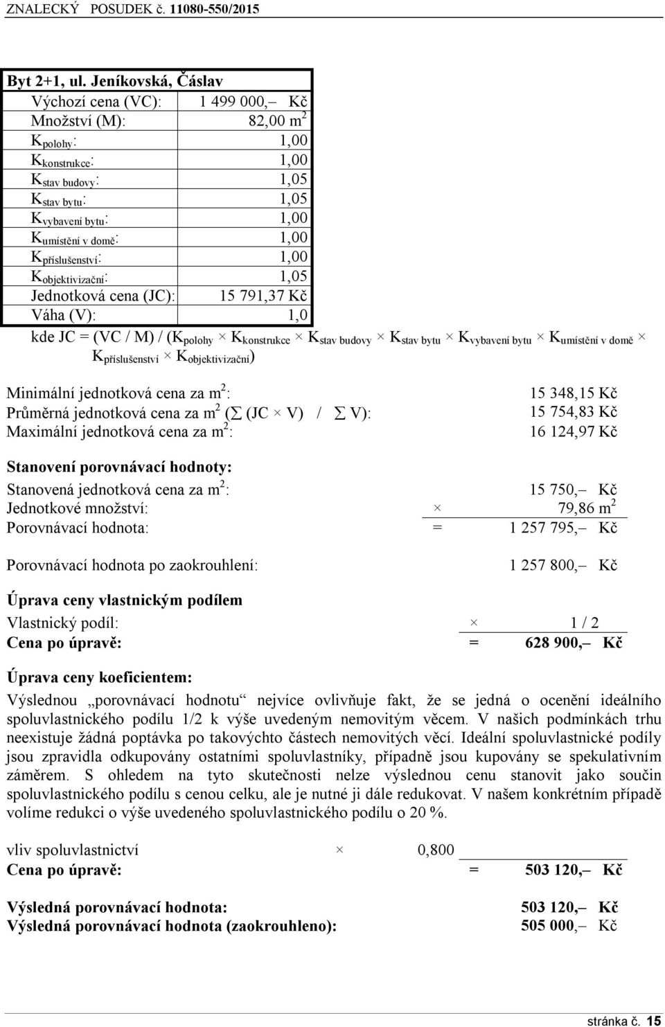 K příslušenství : 1,00 K objektivizační : 1,05 Jednotková cena (JC): 15 791,37 Kč Váha (V): 1,0 kde JC = (VC / M) / (K polohy K konstrukce K stav budovy K stav bytu K vybavení bytu K umístění v domě