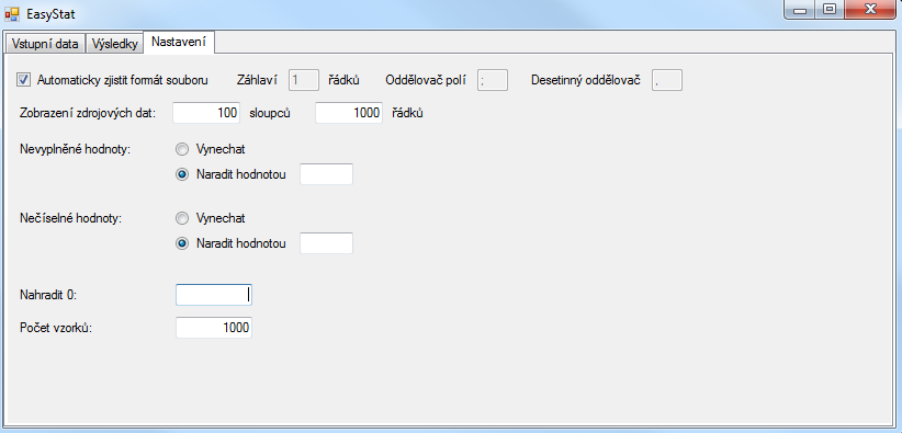 Před načtením dat e možné upavt fomát načítaného soubou v záložce Nastavení (vz Obáze 2). Mmo né e zde možno specfovat způsob nahazování nevplněných a nečíselných hodnot vstupních dat.