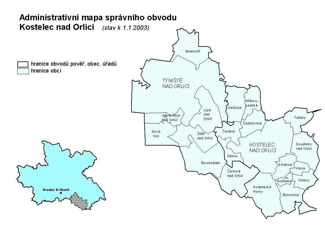 Správní obvod Kostelce nad Orlicí leží na jihovýchodě Královéhradeckého kraje.