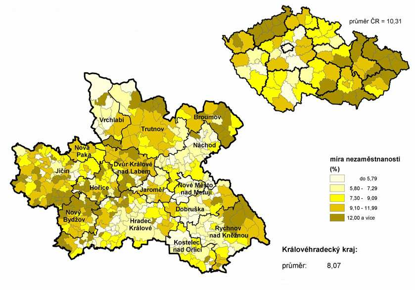 Obr. 9: Změna míry nezaměstnanosti v obcích Královéhradeckého kraje mezi roky 2000 a 2006 (z uchazečů celkem) Zdroj: MPSV ČR, ČSÚ, 2007 Obr.
