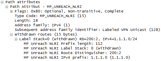 sítě k RB. Zpráva UPDATE nese dvě důležité informace, PATH ATRIBUTE MP_UNREACH_NLRI informace o nedostupném spojení a parametr WITHDRAWN ROUTES, který říká, o jaký cíl se jedná.