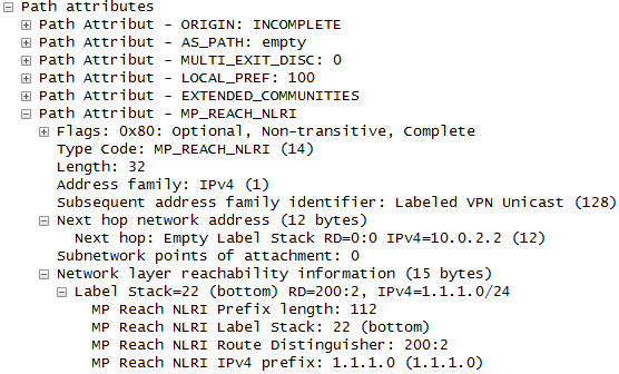 Obrázek 4: BGP zpráva UPDATE obsahující parametry při sestavování spojení V posledním kroku jsme zapojili dalšího zákazníka a čekali jsme na zaslání zprávy UPDATE od směrovače připojující dalšího