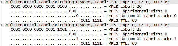 Obrázek 6: MPLS značky při ICMP requestu na adresu 1.1.1.1 Další obrázek zachytává hlavičku MPLS v protokolu ICMP při opačném směru reply.