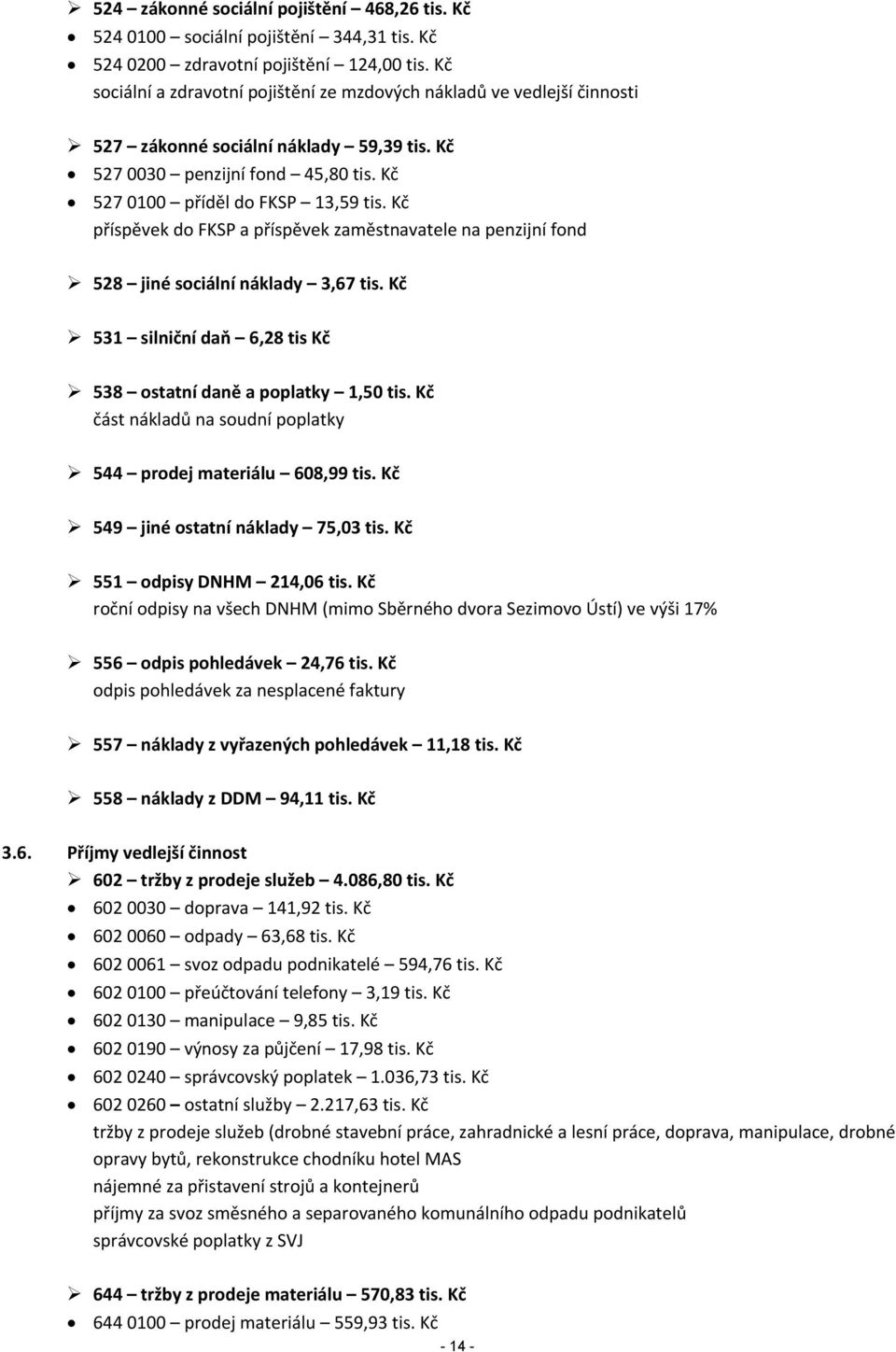 Kč příspěvek do FKSP a příspěvek zaměstnavatele na penzijní fond 528 jiné sociální náklady 3,67 tis. Kč 531 silniční daň 6,28 tis Kč 538 ostatní daně a poplatky 1,50 tis.