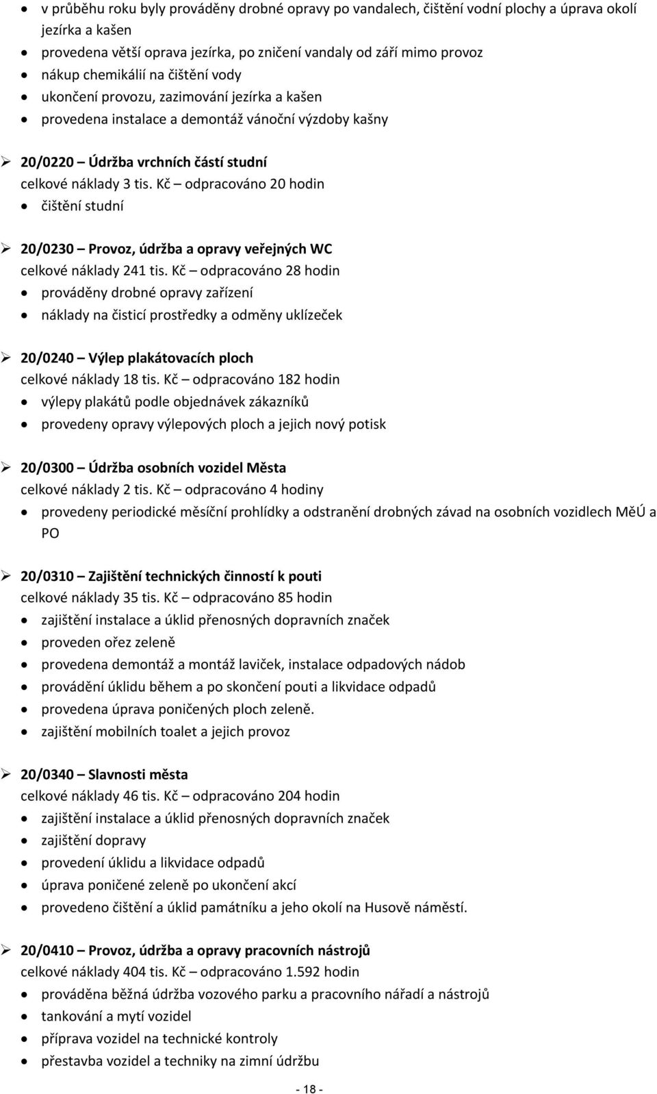 Kč odpracováno 20 hodin čištění studní 20/0230 Provoz, údržba a opravy veřejných WC celkové náklady 241 tis.