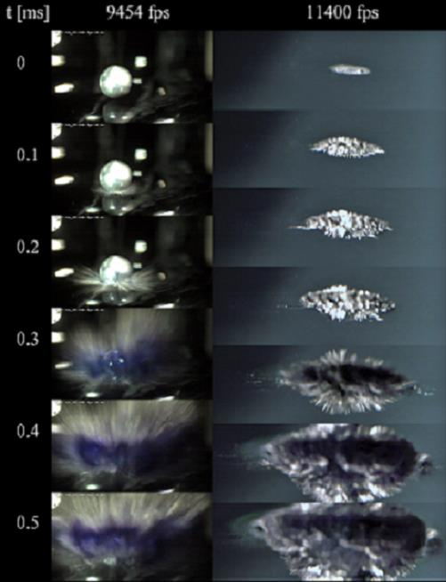 Obr. 2 (barevně): Snímky z filmů pořízených ultrarychlou kamerou (kolem 10 000 snímků za sekundy),