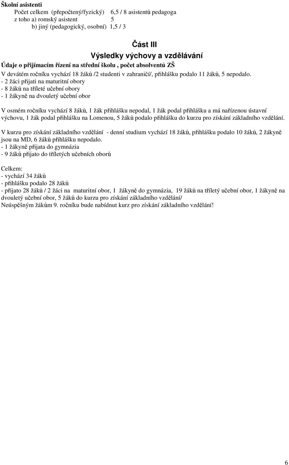 - 2 žáci přijati na maturitní obory - 8 žáků na tříleté učební obory - 1 žákyně na dvouletý učební obor V osmém ročníku vychází 8 žáků, 1 žák přihlášku nepodal, 1 žák podal přihlášku a má nařízenou