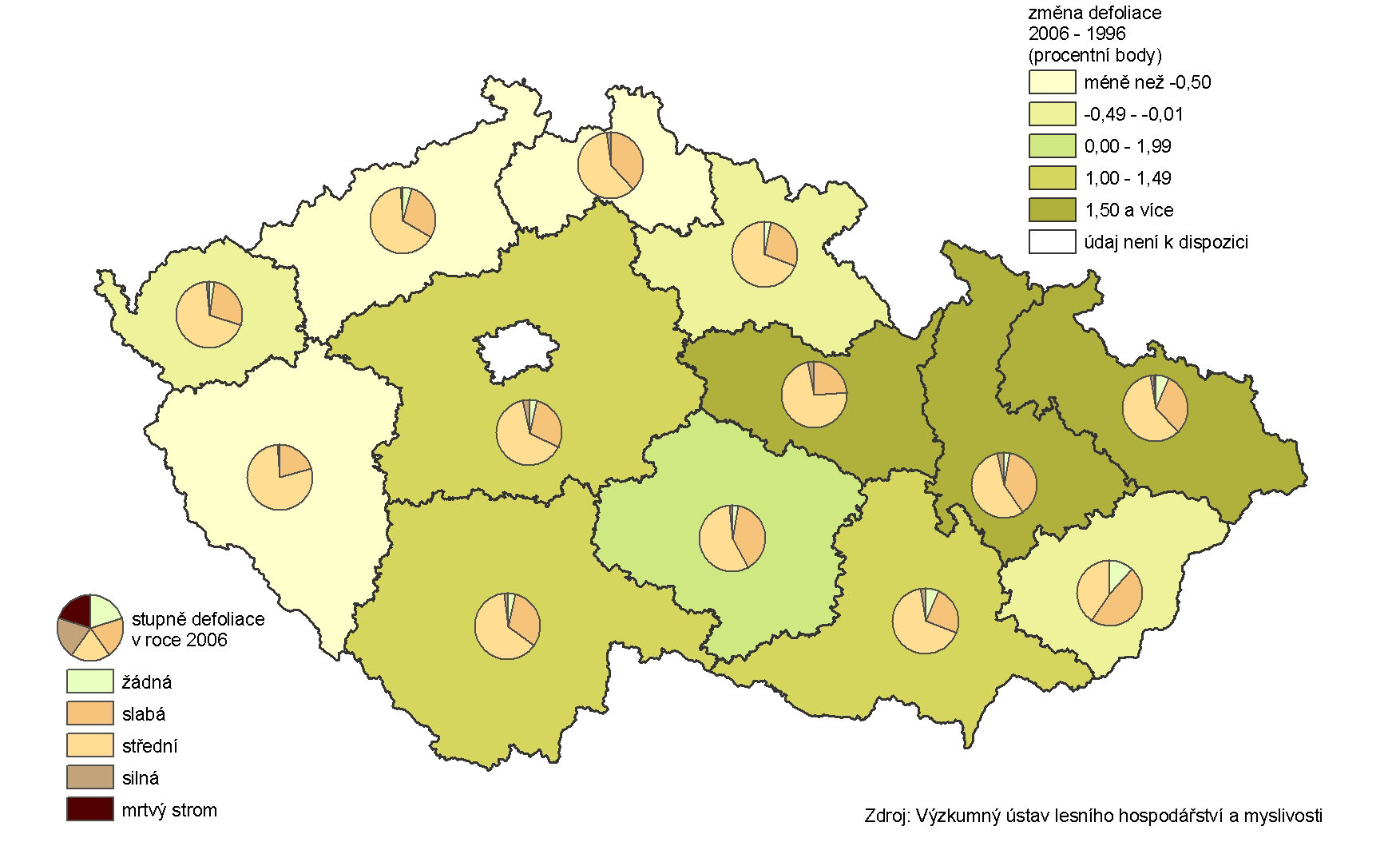 Výrazně index defoliace klesal v krajích Ústeckém, Plzeňském a Libereckém, které vesměs patří k regionům s celkově průměrnou nebo mírně podprůměrnou úrovní defoliace.