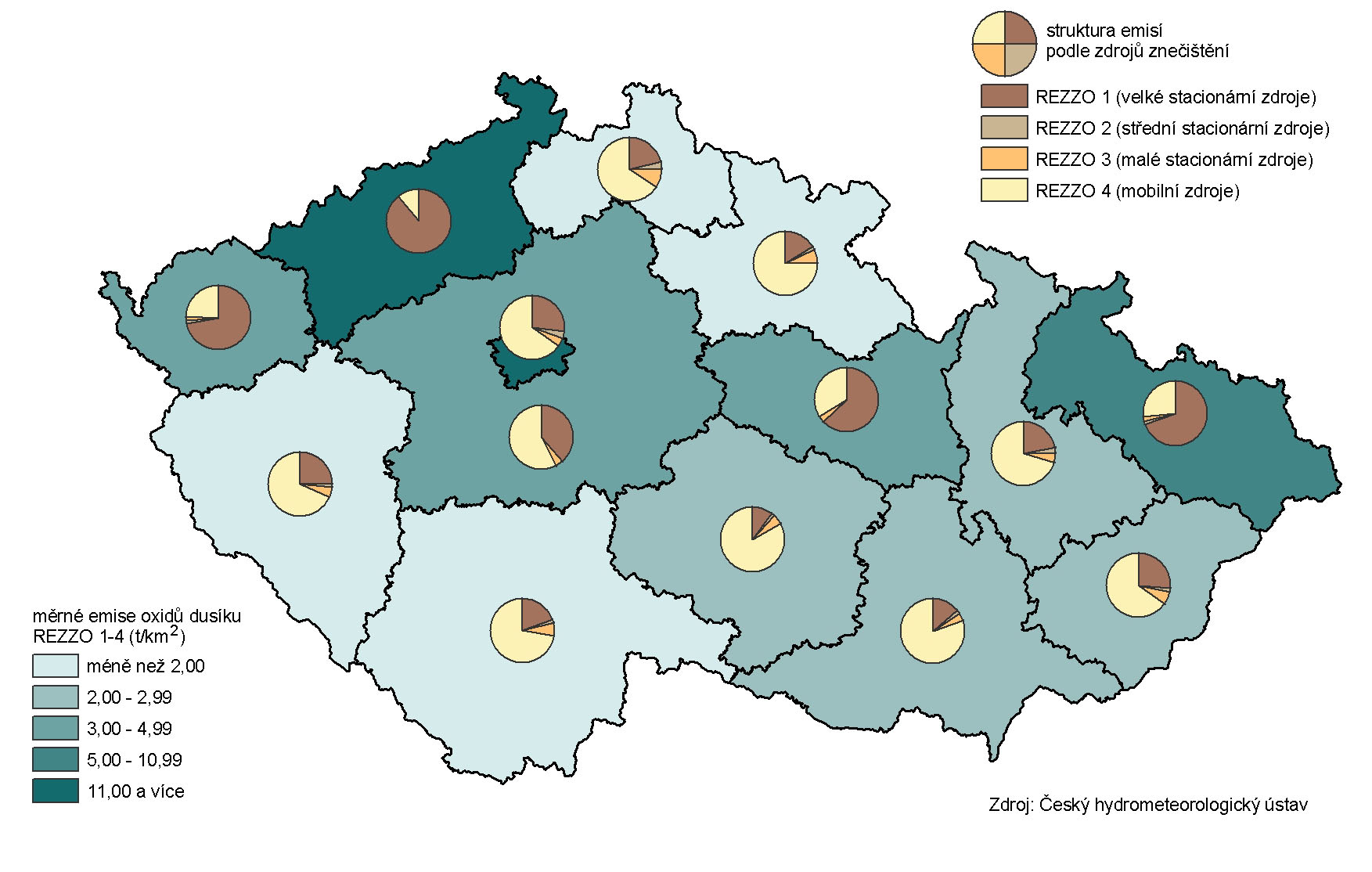 K 21 Emise oxidů dusíku podle krajů v roce 2007 Podobně jako u oxidů dusíku je ve většině krajů rozhodujícím zdrojem emisí oxidu uhelnatého doprava (tj. mobilní zdroje znečištění REZZO 4).