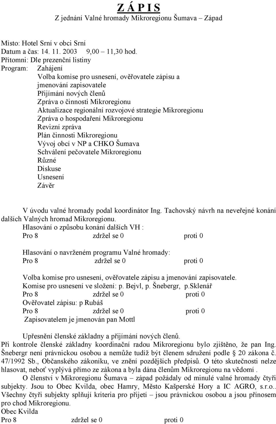 rozvojové strategie Mikroregionu Zpráva o hospodaření Mikroregionu Revizní zpráva Plán činnosti Mikroregionu Vývoj obcí v NP a CHKO Šumava Schválení pečovatele Mikroregionu Různé Diskuse Usnesení